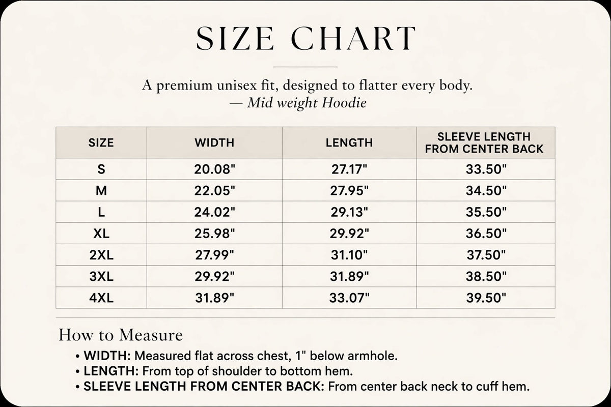 Gourmandee Tees Size Chart for Midweight Hoodies