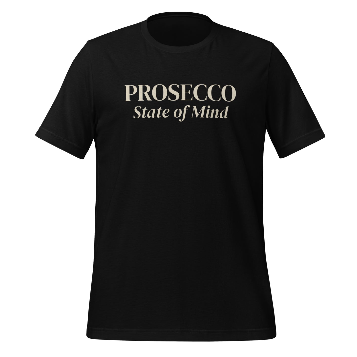 Prosecco State of Mind black t-shirt — premium wine lifestyle tshirt, Airlume cotton, Gourmandee Tees
