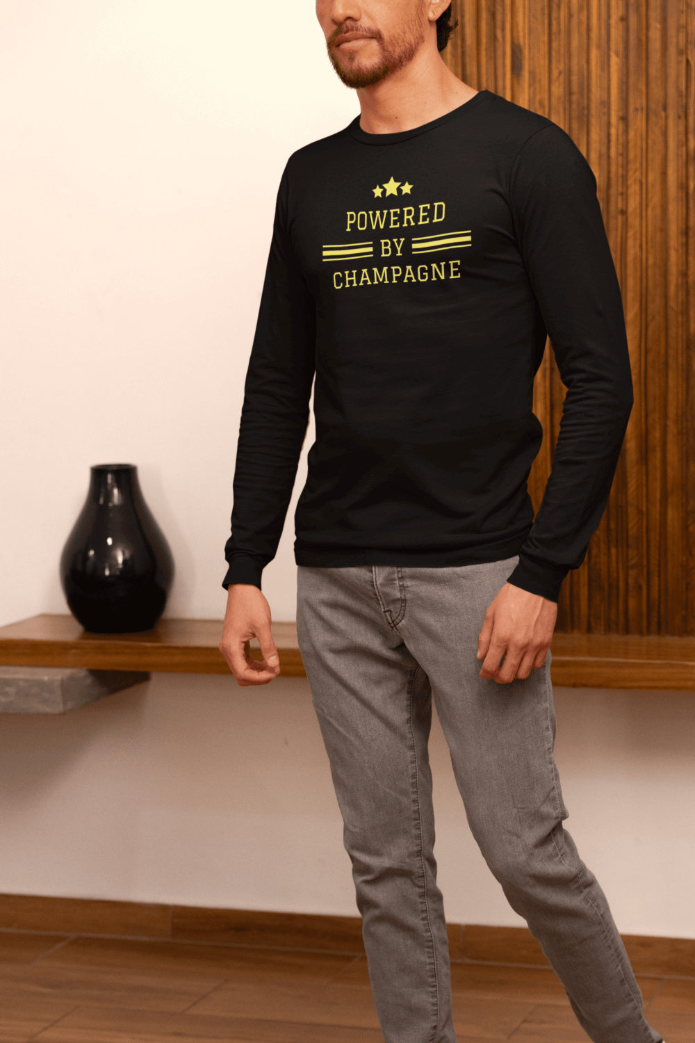 Sparkling Wine T-Shirt – Powered by Champagne & Good Vibes (Long Sleeve)