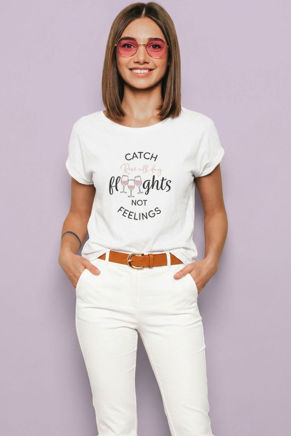 Woman wearing white rosé all day wine t-shirt, relaxed lifestyle shot