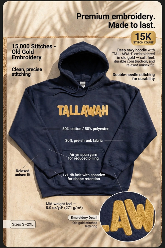 A navy blue hoodie with 'TALLAWAH' embroidered in gold across the chest, presented on a textured beige background with detailed product specifications and an embroidery detail inset.