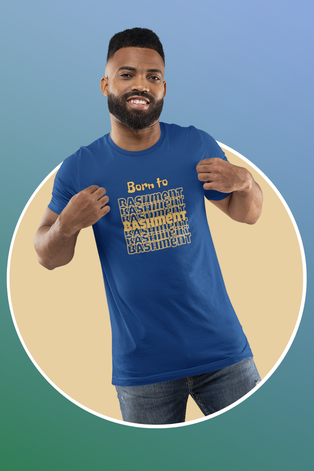 Male model wearing Born to Bashment Tee in true royal blue, Caribbean carnival inspired t-shirt for fete lovers