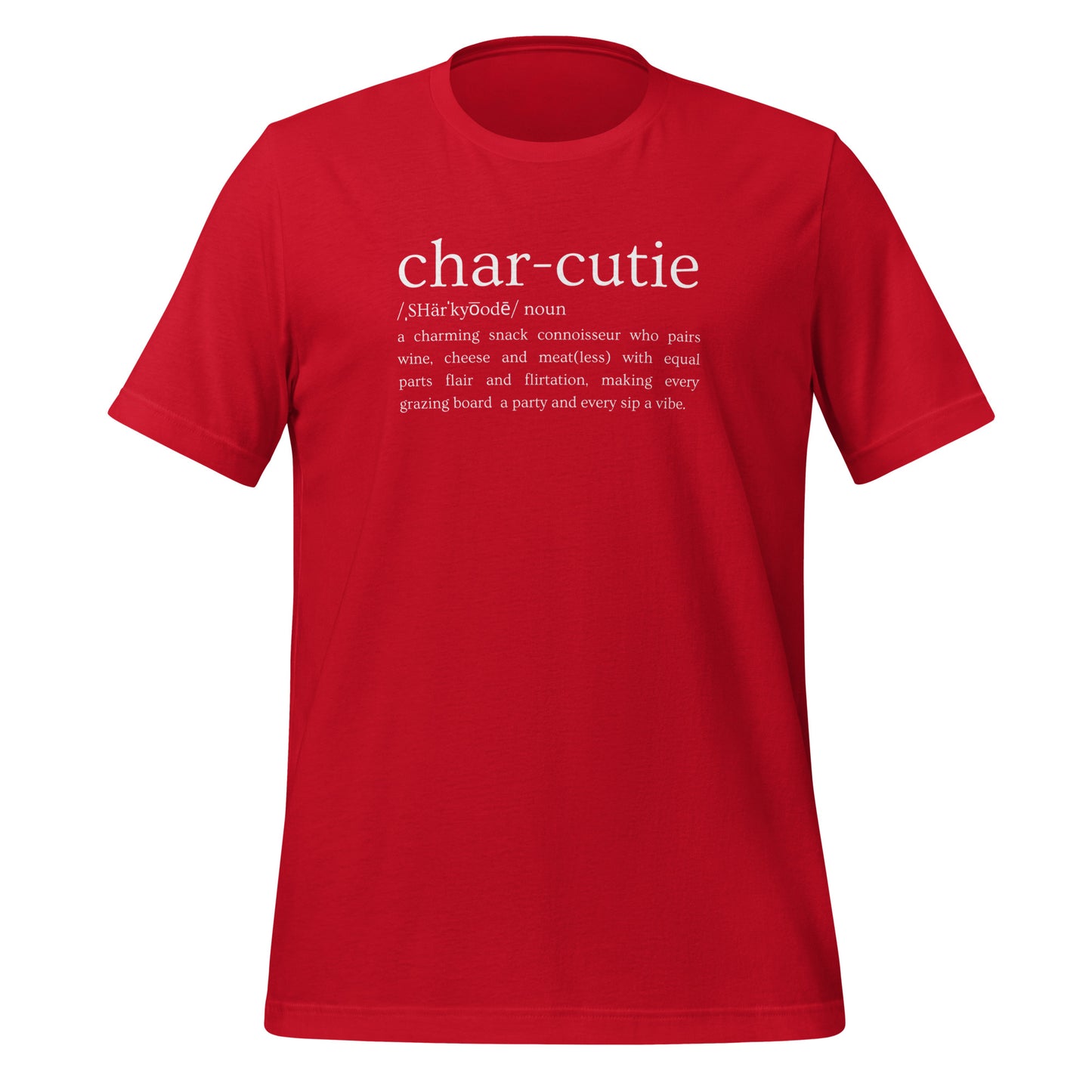 Char-cutie Short Sleeve Tee in red β fun short sleeve tee for snack and wine lovers