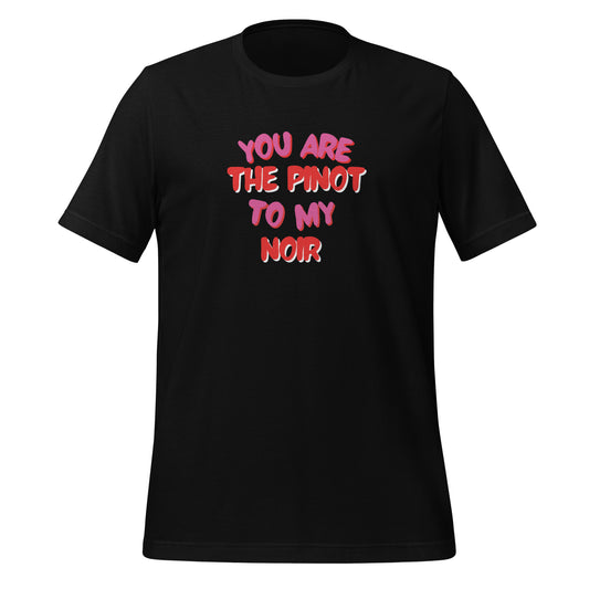 Product mockup Black t-shirt featuring “You Are the Pinot to My Noir” printed in pink and red lettering,