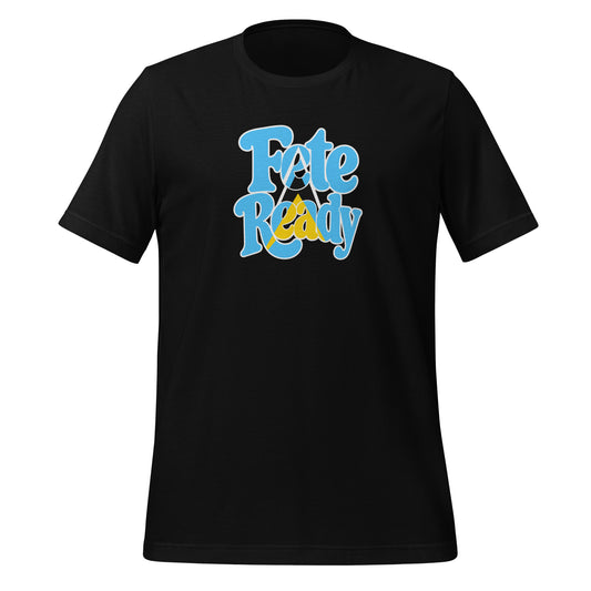 A unisex black short-sleeve T-shirt with the words 'Fate Ready' in blue, black and yellow ( the St. Lucia flag colours).