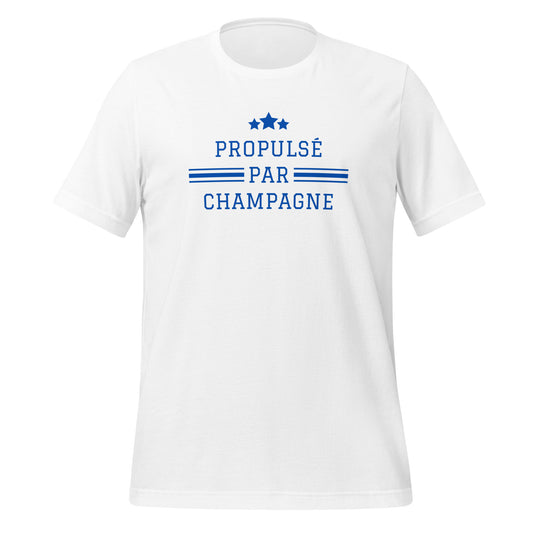 White PROPULSÉ PAR CHAMPAGNE French tee in blue - French version of Powered by Champagne best seller - Gourmandee Tees, Wear Your Taste.