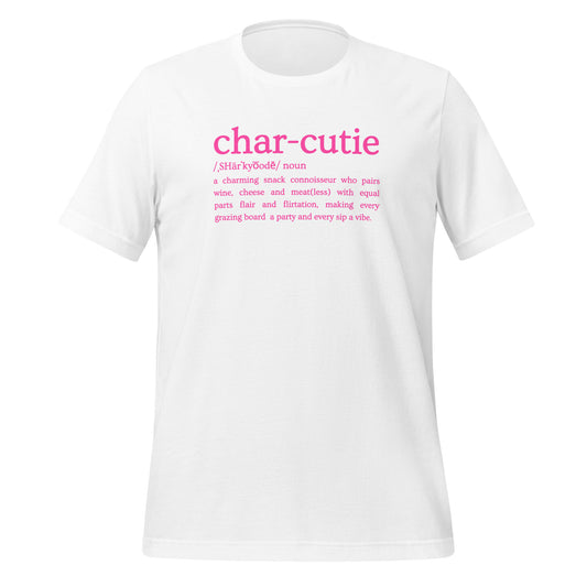 Mock up of a white t-shirt with 'char-cutie' text in hot pink on the front
