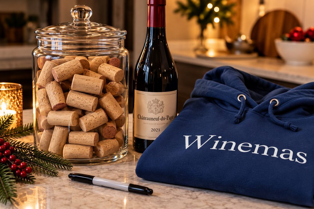 Folded navy blue Winemas hoodie with white lettering beside an unopened bottle of red wine and a glass jar filled with blank wine corks. A black marker rests on the kitchen counter amid festive holiday greenery and candlelight.