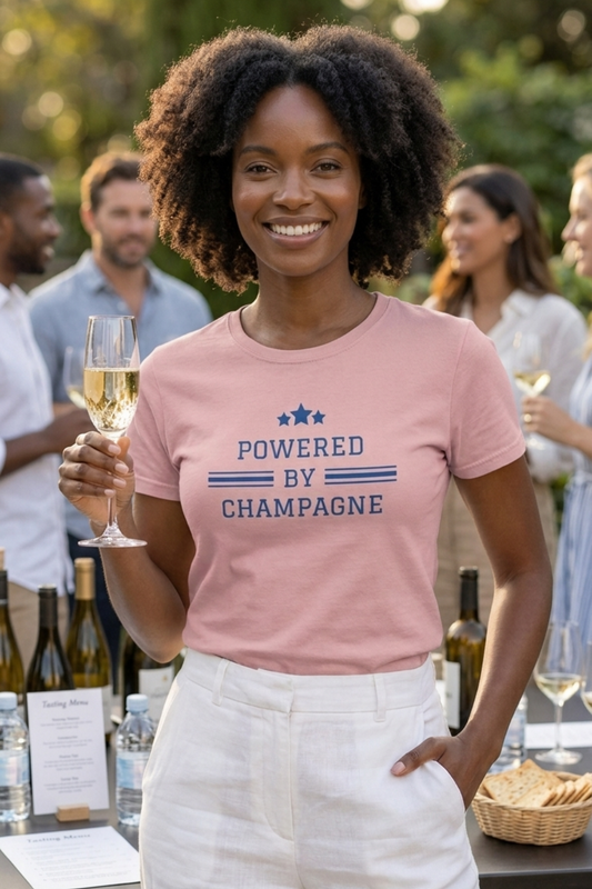 Champagne tshirt worn at a wine tasting — Gourmandee Tees wine apparel