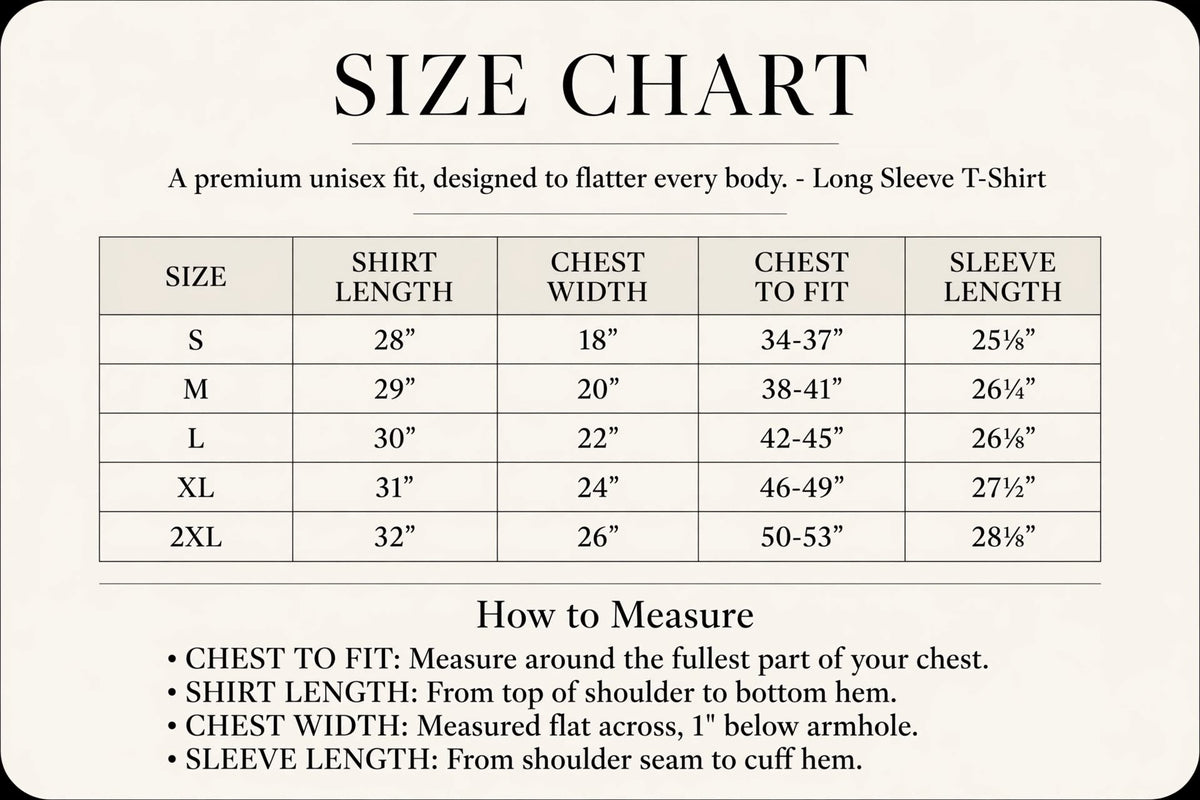 Gourmandee Tees Size Chart for Long Sleeve T-shirts