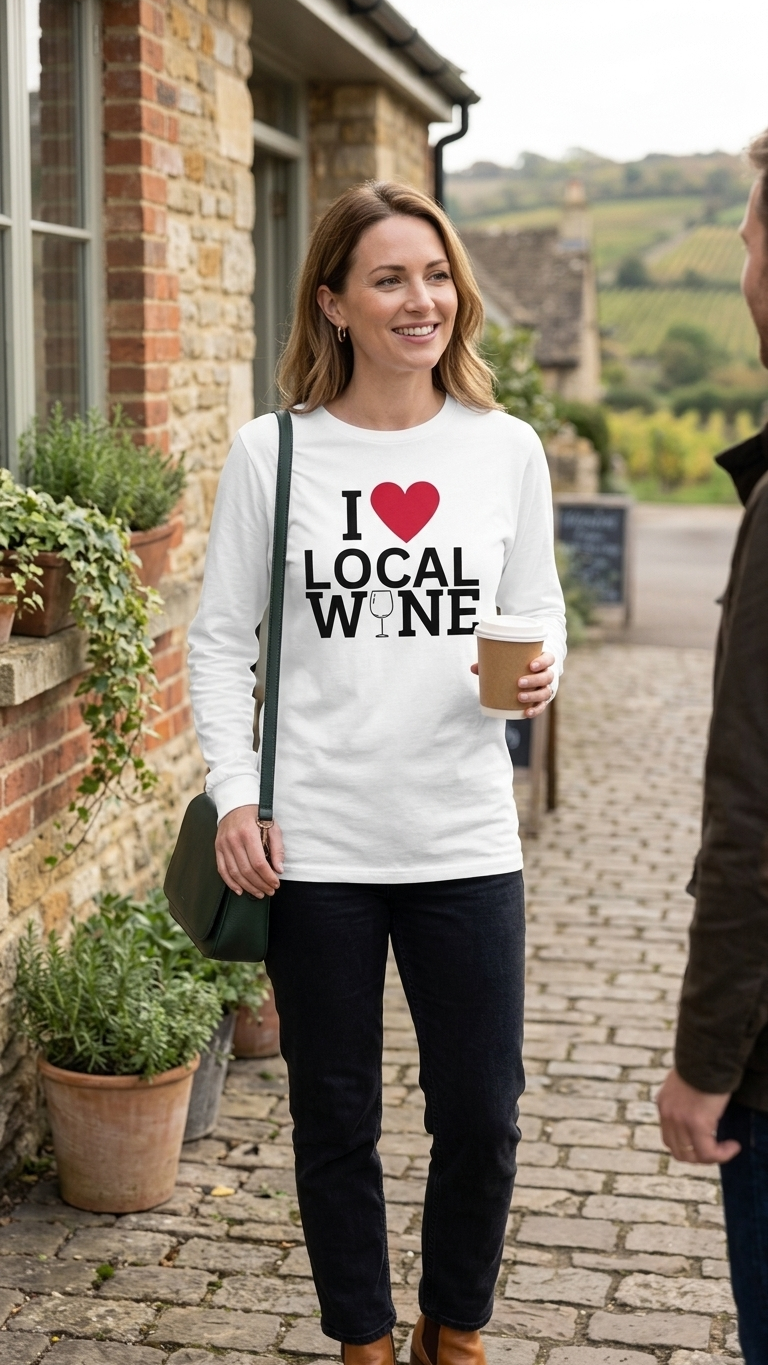 A woman standing on a cobblestone street wearing a white long-sleeve t-shirt with a graphic that reads 'I [red heart] LOCAL WINE'. She is holding a coffee cup and wearing dark pants, with a vineyard and stone building in the background.