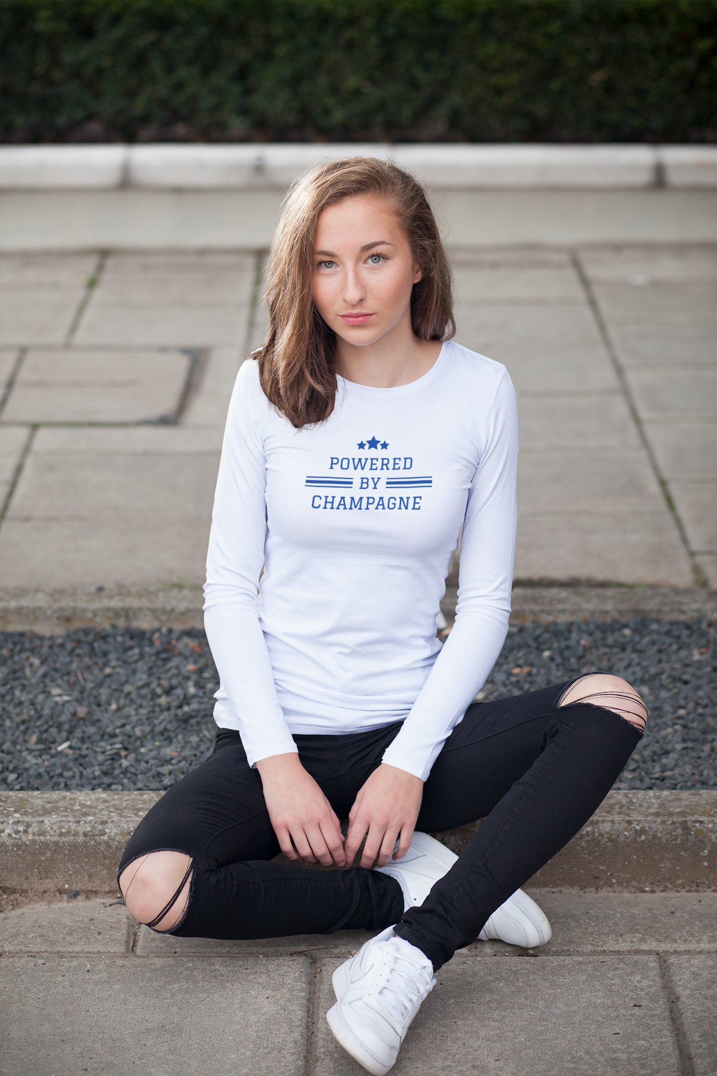 Sparkling Wine T-Shirt – Powered by Champagne & Good Vibes (Long Sleeve)