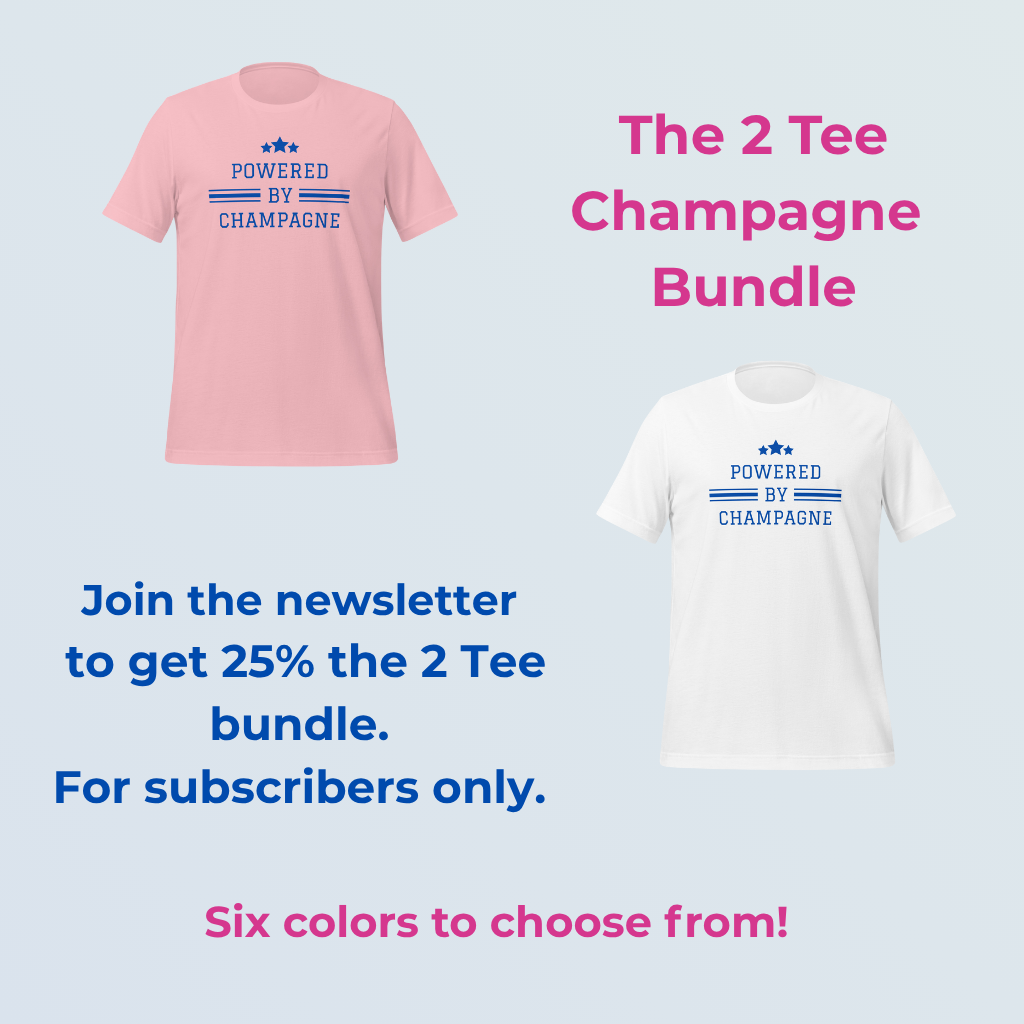 Two t-shirts with 'Powered by Champagne' text on a light blue background, promoting a 25% off bundle offer for subscribers.