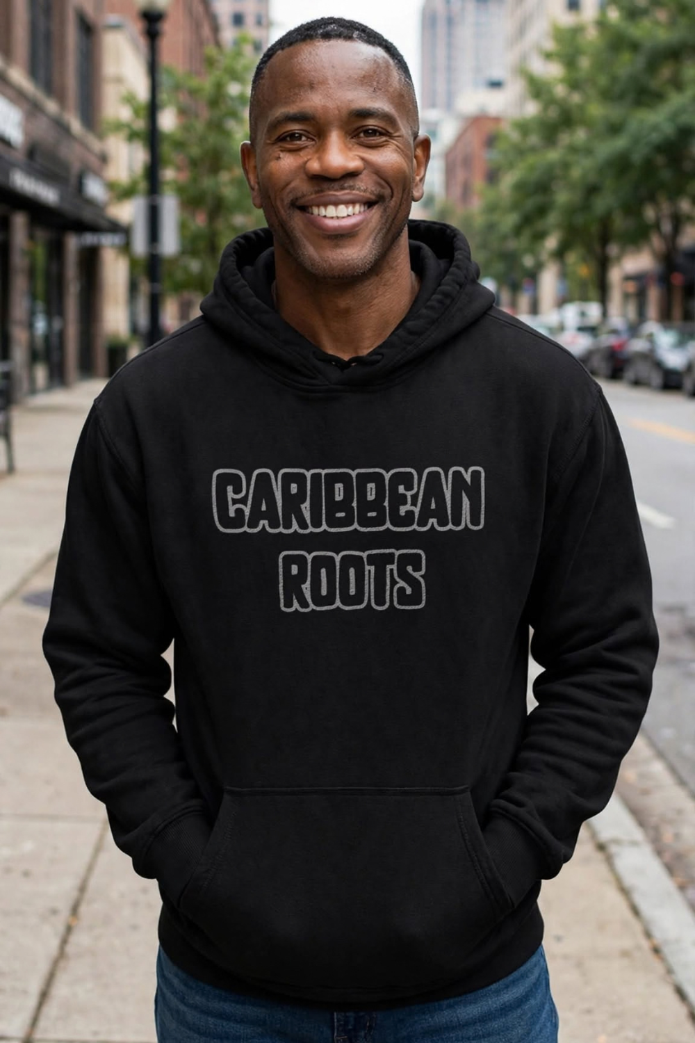 Black man wearing black Caribbean Roots hoodie with embroidered black and grey lettering, standing in Atlanta, unisex relaxed fit mid-weight 50-50 blend hoodie size L