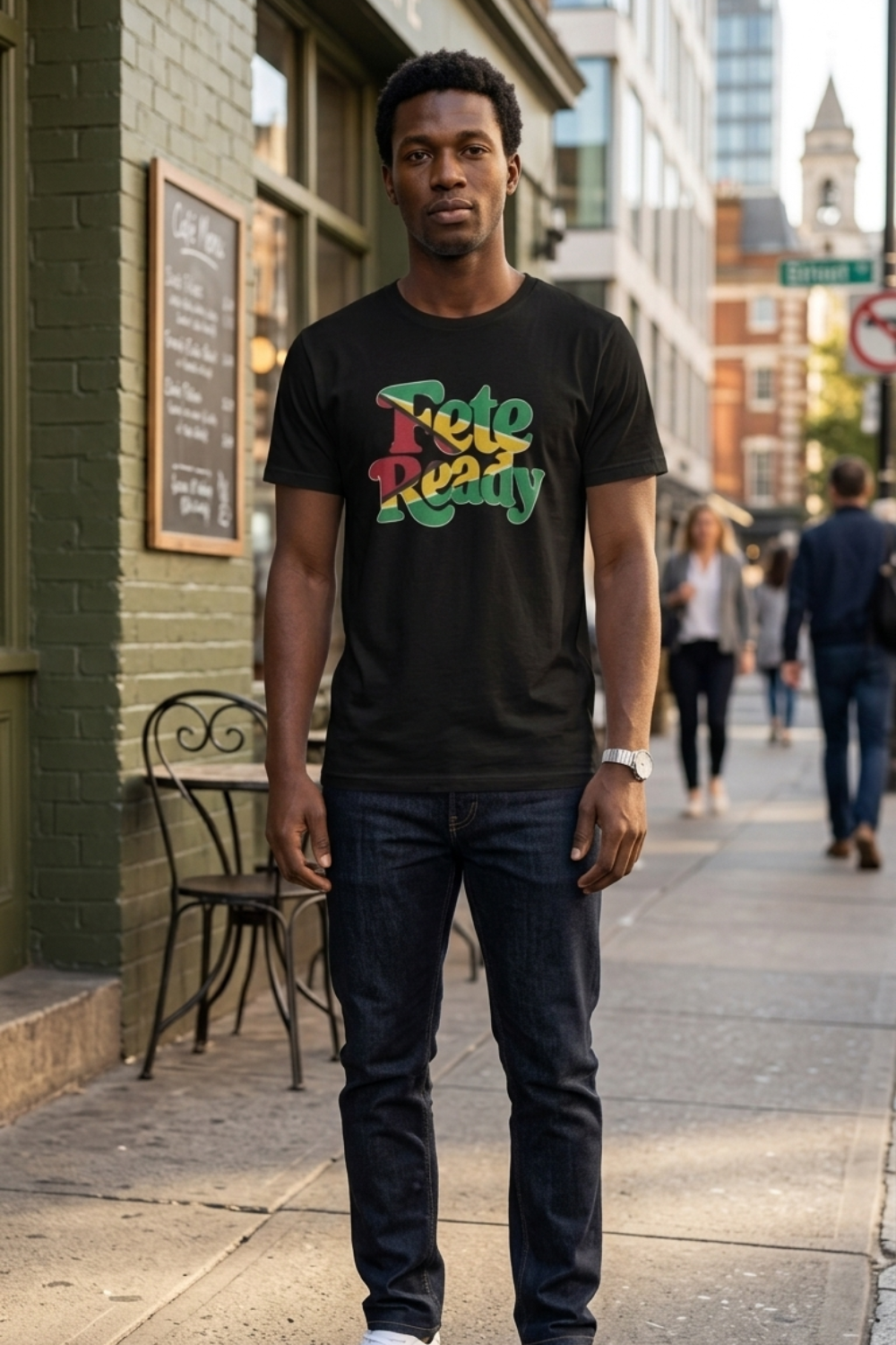 A man standing on a city sidewalk wearing a black "Fete Ready" t-shirt with retro bubble letters in the Guyana flag colors - green, yellow, red and black. He is wearing dark jeans and white sneakers with gum soles, with an outdoor cafe in the background.