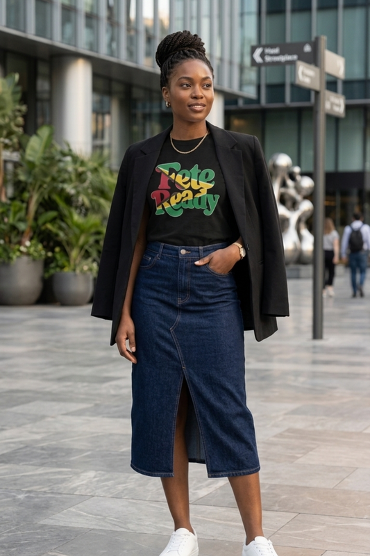 A woman with braided hair in a top bun wearing a black "Fete Ready" t-shirt. The text is in retro bubble letters filled with the colors of the Guyana flag - red, yellow, green and black. She is styling it with a black blazer, long denim skirt with a front slit, and white sneakers, standing in a modern outdoor plaza.