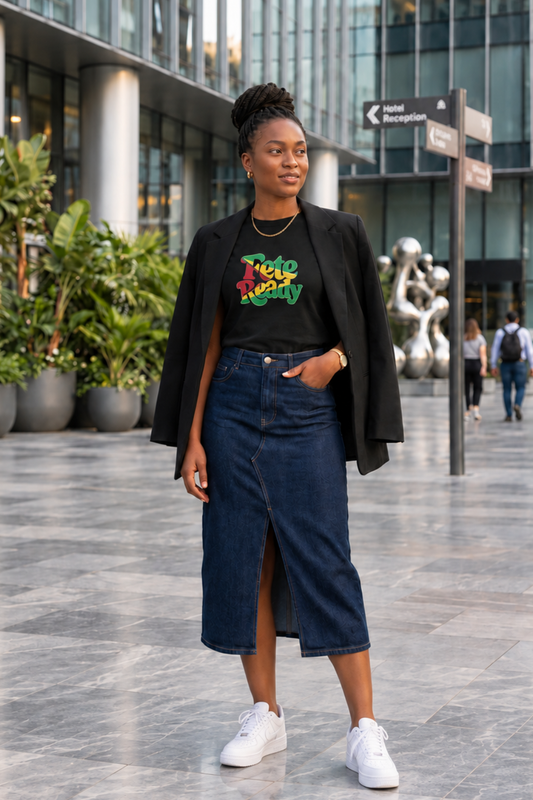 A woman stands outdoors in a modern plaza wearing a black graphic T-shirt with Fete Ready in the Guyanese flag colours a black blazer, a dark blue denim midi skirt with a front slit, and white sneakers.