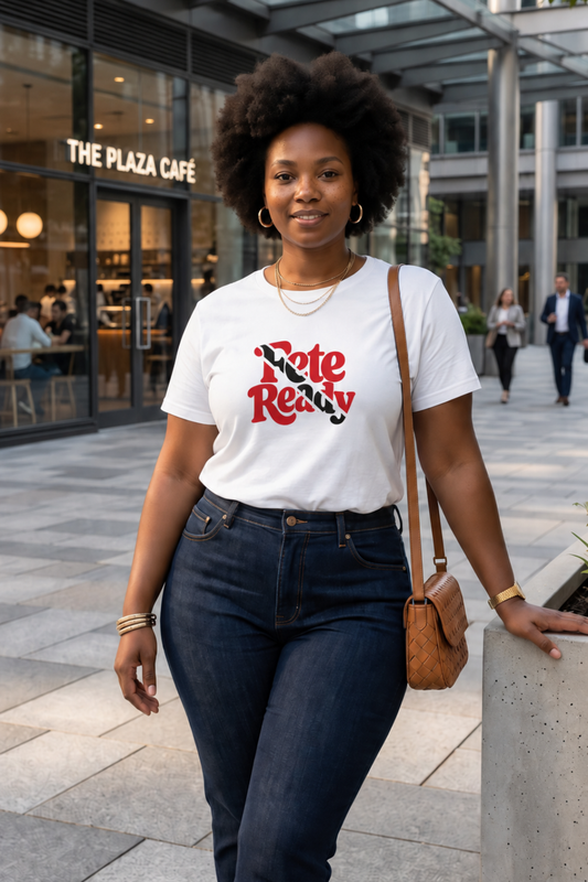 A woman wearing a white graphic t-shirt with a red and black 'Rete Ready' design (the Triniad & Tobago flag), paired with dark blue jeans and a brown shoulder bag, standing outdoors in front of a modern building and a cafe.