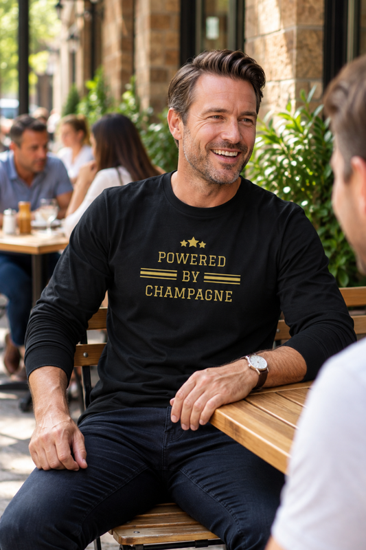 Powered by Champagne Wine Tshirt — Long Sleeve