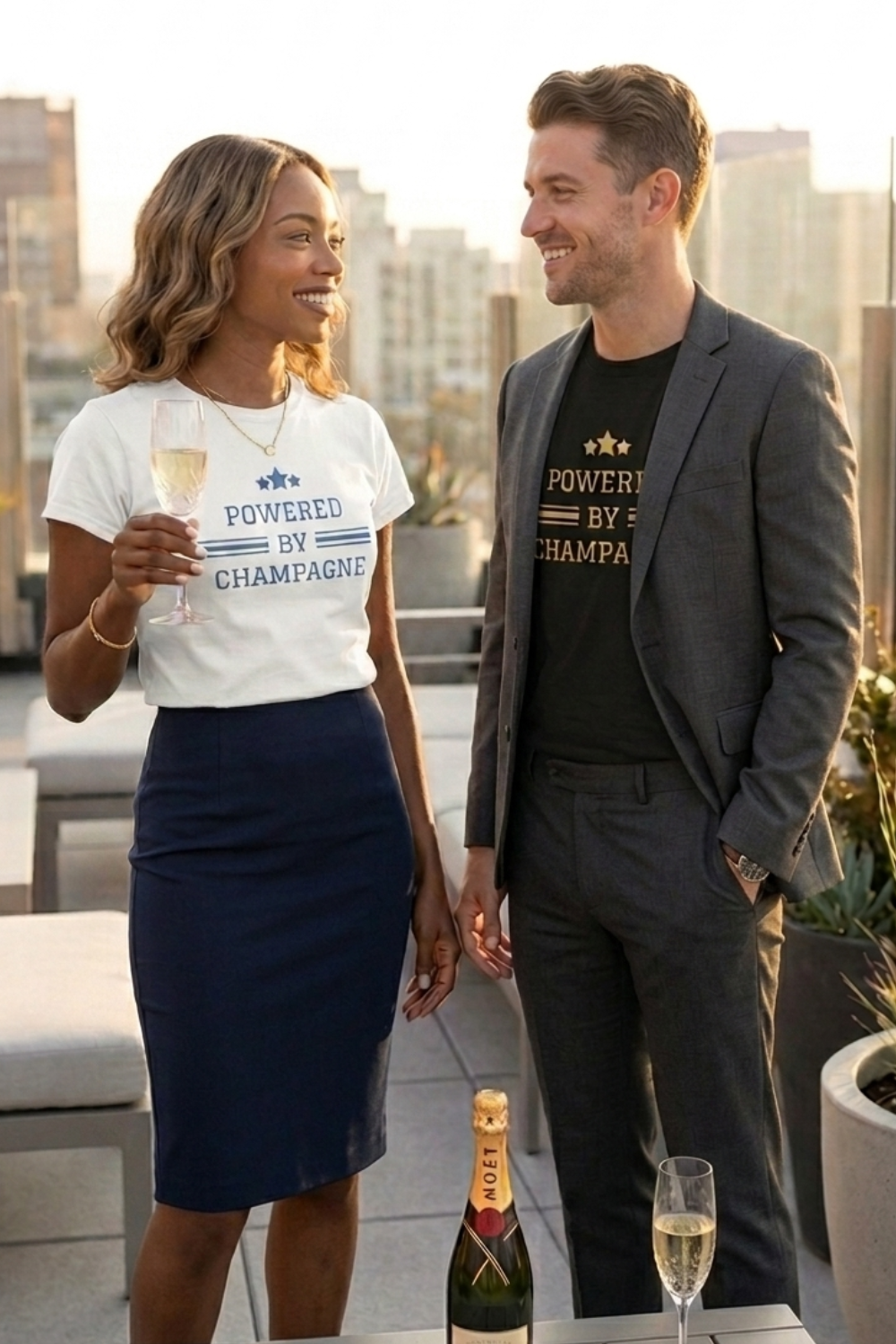 Champagne tshirt worn at rooftop event — Gourmandee Tees wine apparel