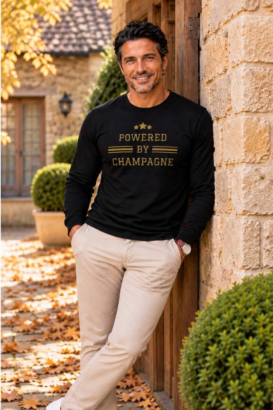 Powered by Champagne Wine Tshirt — Long Sleeve