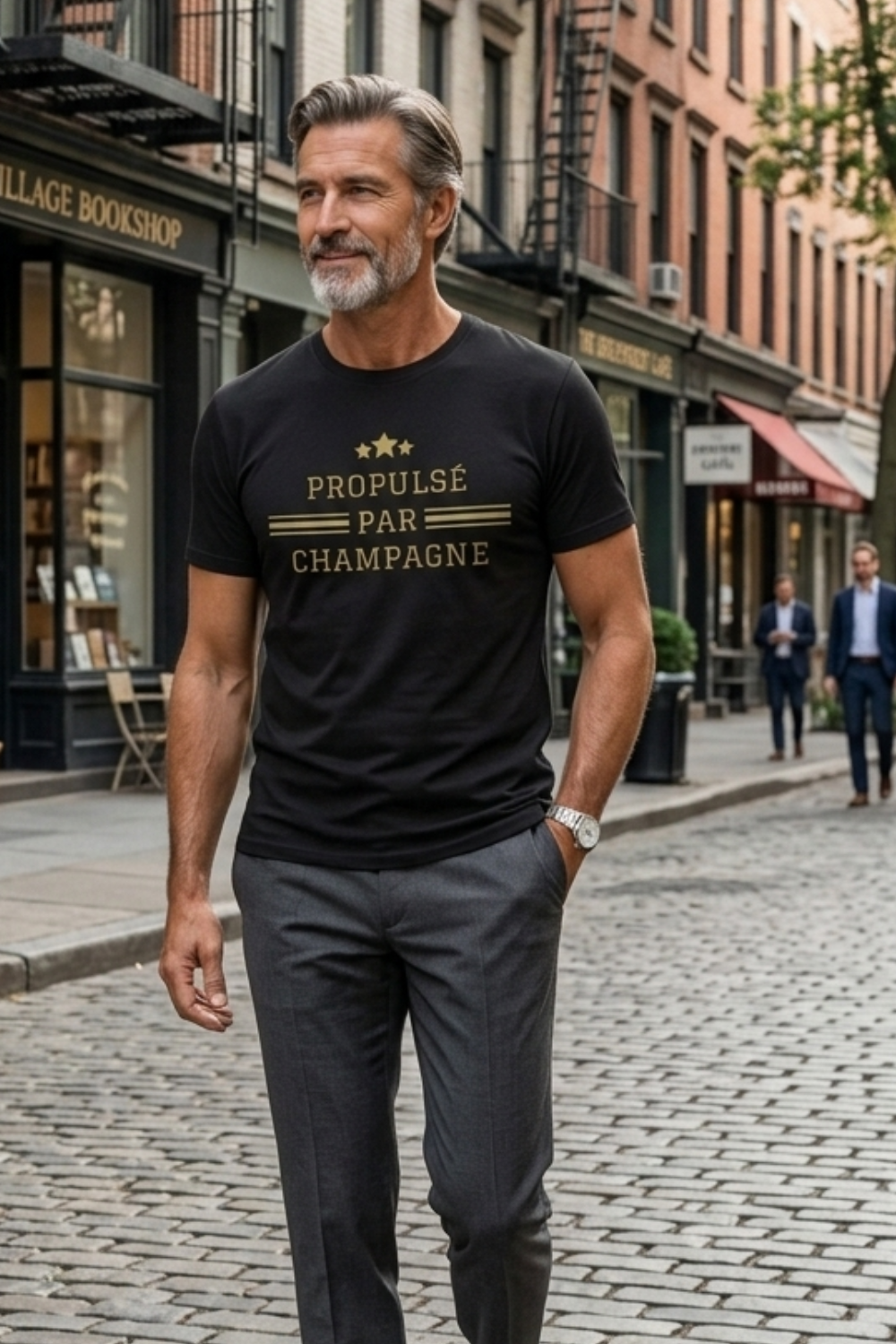 Premium black unisex short-sleeve champagne t-shirt featuring the French phrase “Propulsé par Champagne” in metallic gold lettering, with three gold stars and decorative horizontal stripes. Model wears the crewneck wine lifestyle tee with tailored charcoal trousers while walking through a New York neighbourhood.