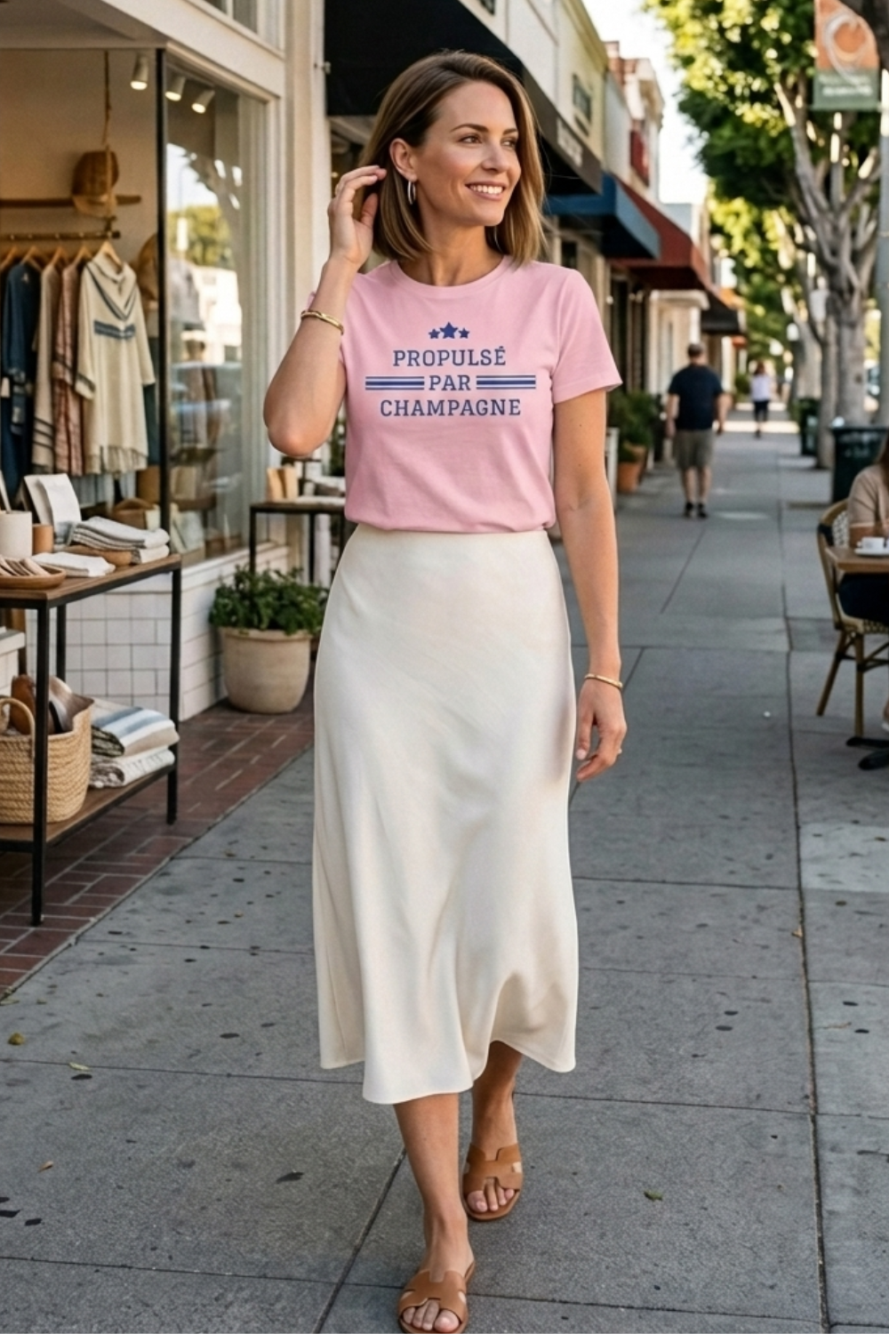 Premium pink unisex short-sleeve champagne t-shirt featuring “Propulsé par Champagne” in royal-blue lettering, accented by three stars and horizontal stripes. Female model wears the French champagne-inspired crewneck tee tucked into an ivory midi skirt with tan sandals while strolling past boutiques.