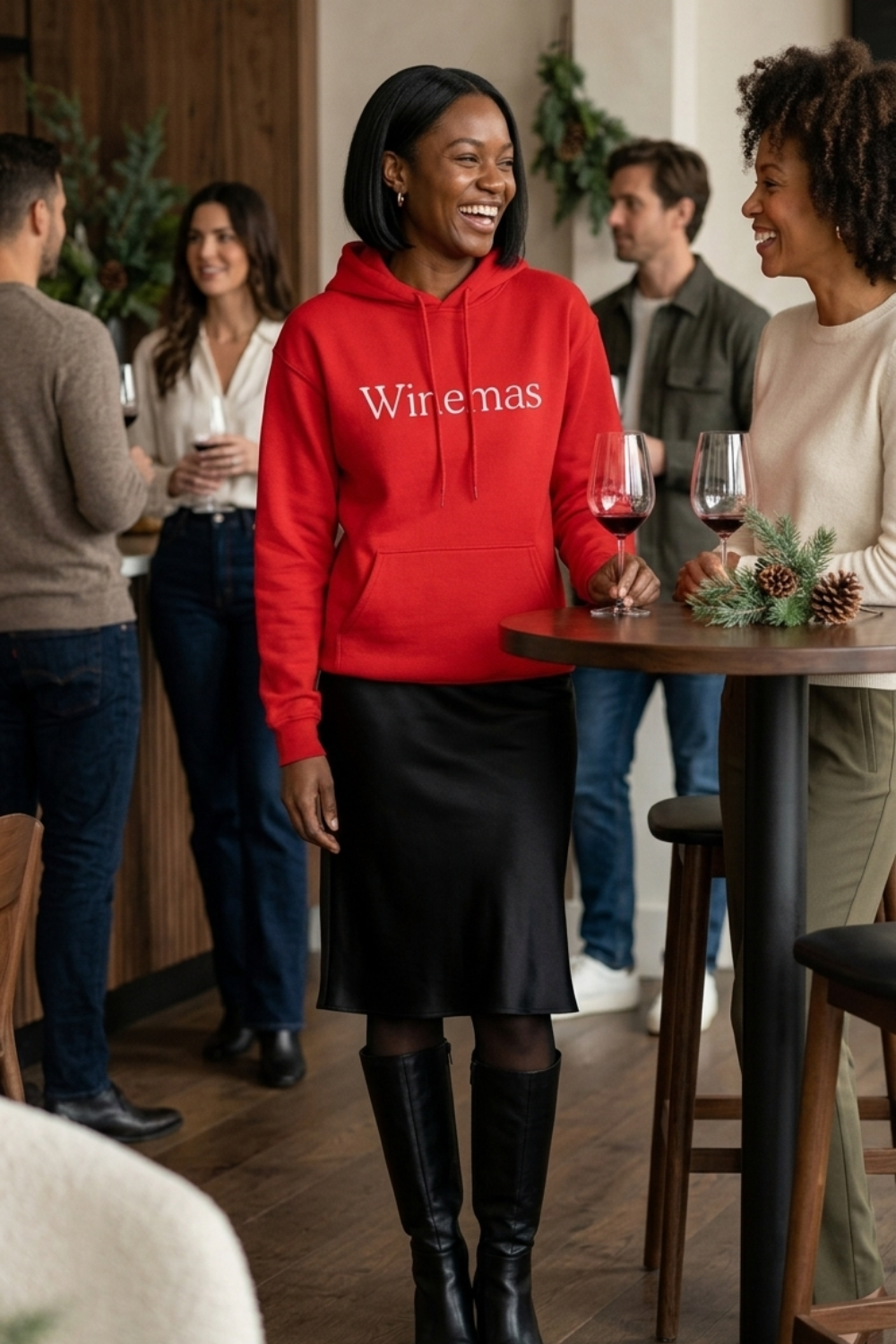 Woman wearing a bright red pullover Christmas wine hoodie featuring “Winemas” in white serif lettering across the chest. The hoodie has a drawstring hood, long sleeves, ribbed cuffs and a front kangaroo pocket. Paired with a black midi skirt and knee-high boots while holding a glass of red wine at a holiday gathering.