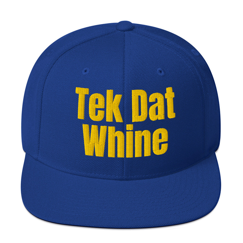 Royal blue snapback hat with bold yellow "Tek Dat Whine" embroidery on the front — Caribbean-inspired design for dance, culture, and island pride.
