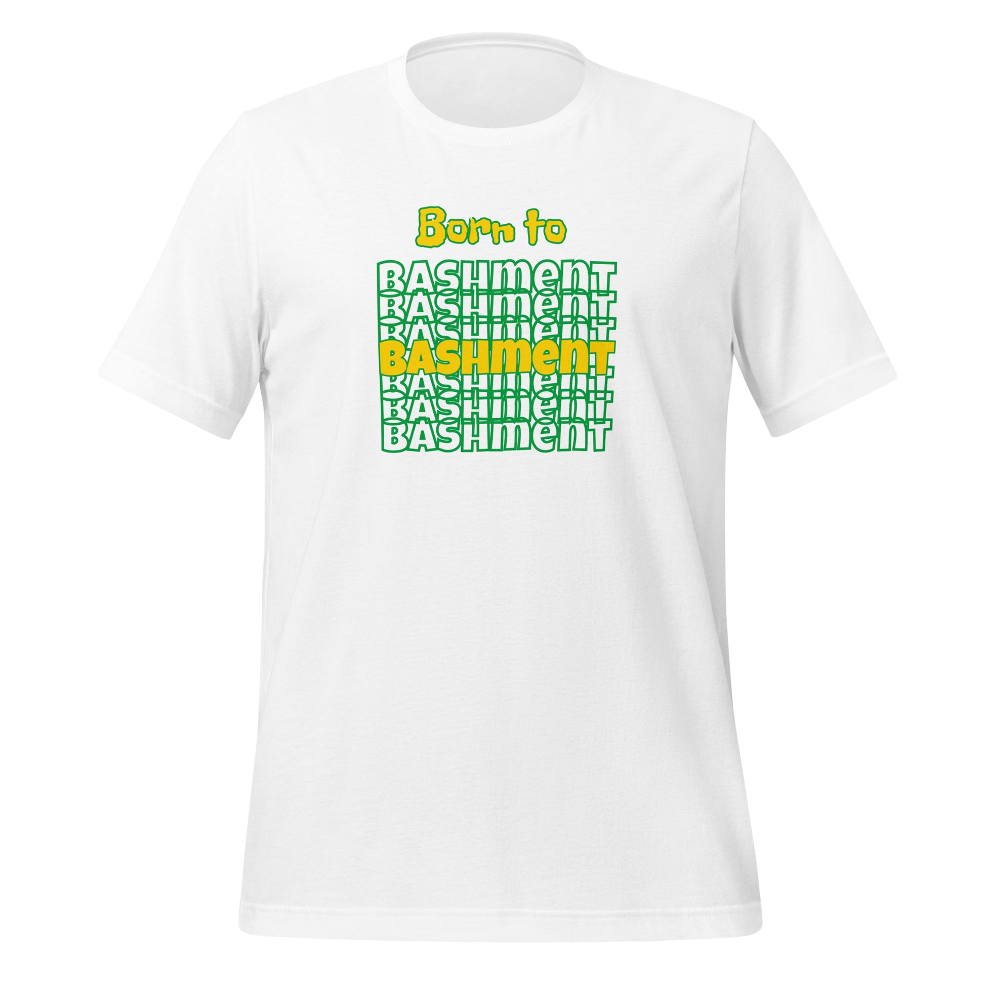 Born to Bashment Tee in white – lightweight cotton t-shirt celebrating Caribbean carnival, fete and bashment culture