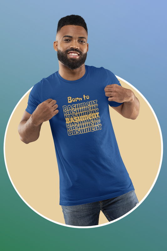 Male model wearing Born to Bashment Tee in true royal blue, Caribbean carnival inspired t-shirt for fete lovers