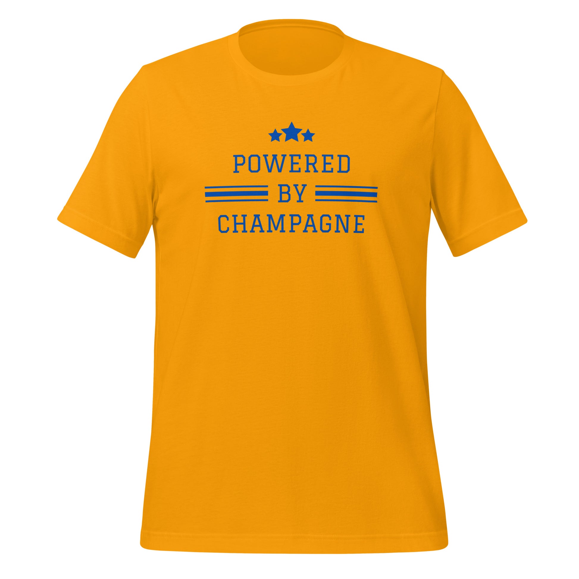 Powered by Champagne champagne tshirt — wine lifestyle apparel (in gold)