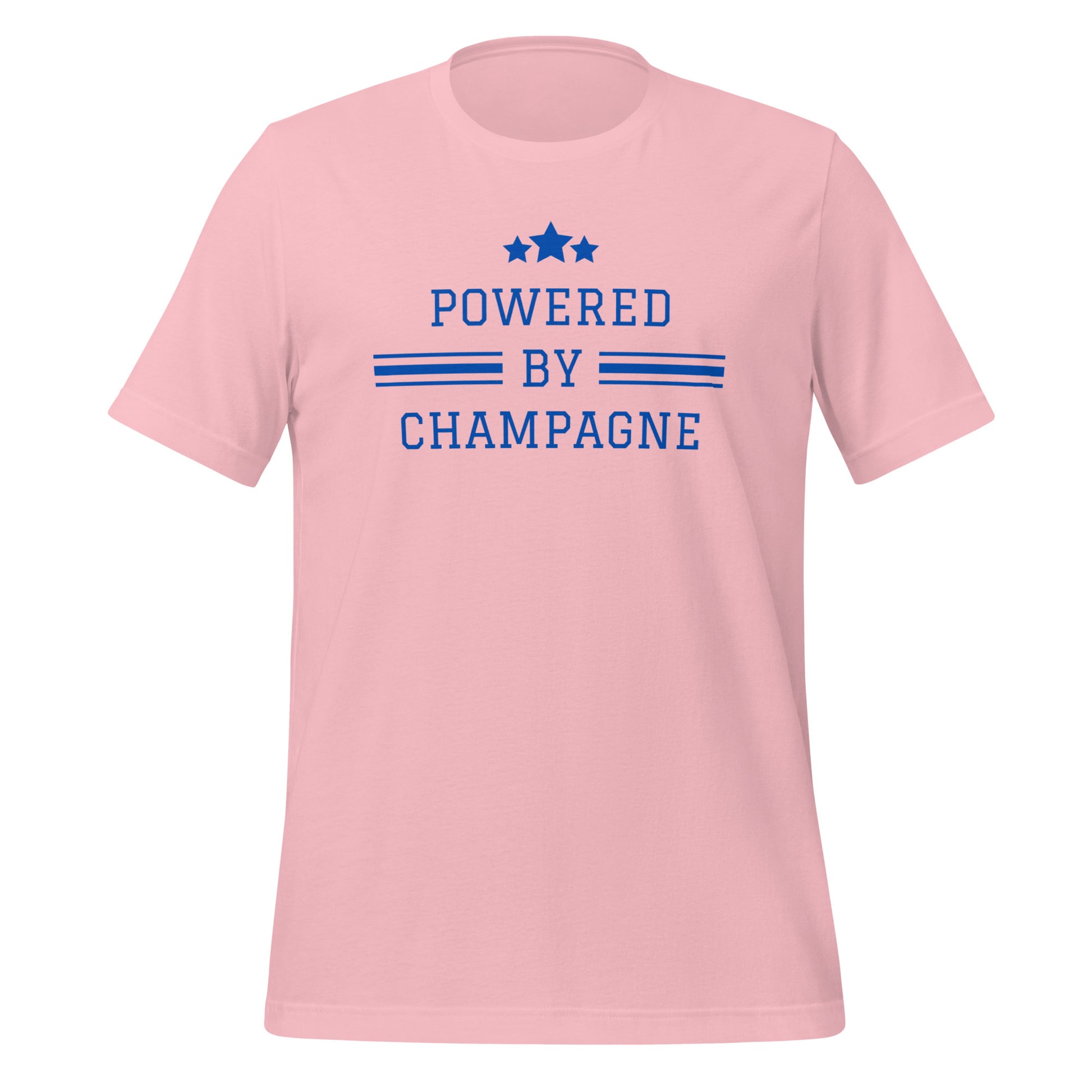 Powered by Champagne champagne tshirt — wine lifestyle apparel (in pink)