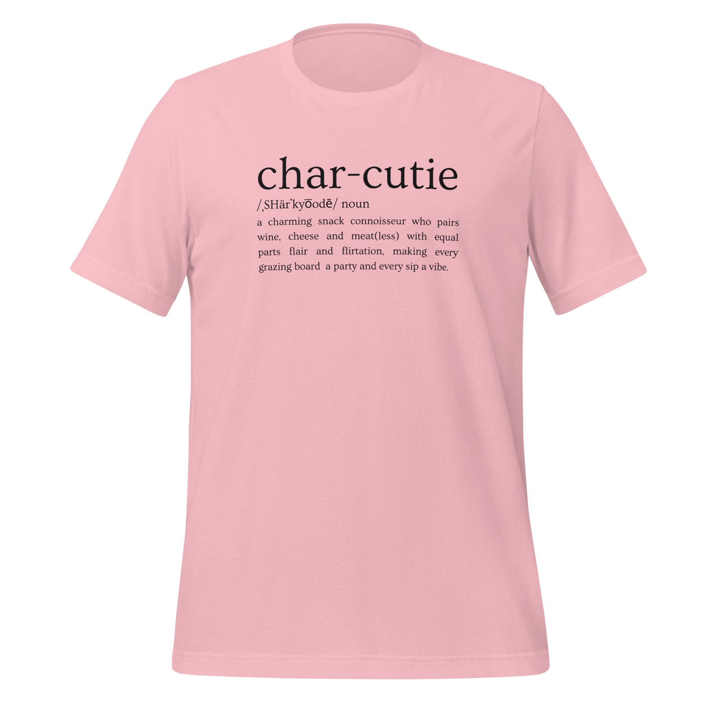 Char-cutie Short Sleeve Tee in pink – playful charcuterie-themed t-shirt for food and wine enthusiasts