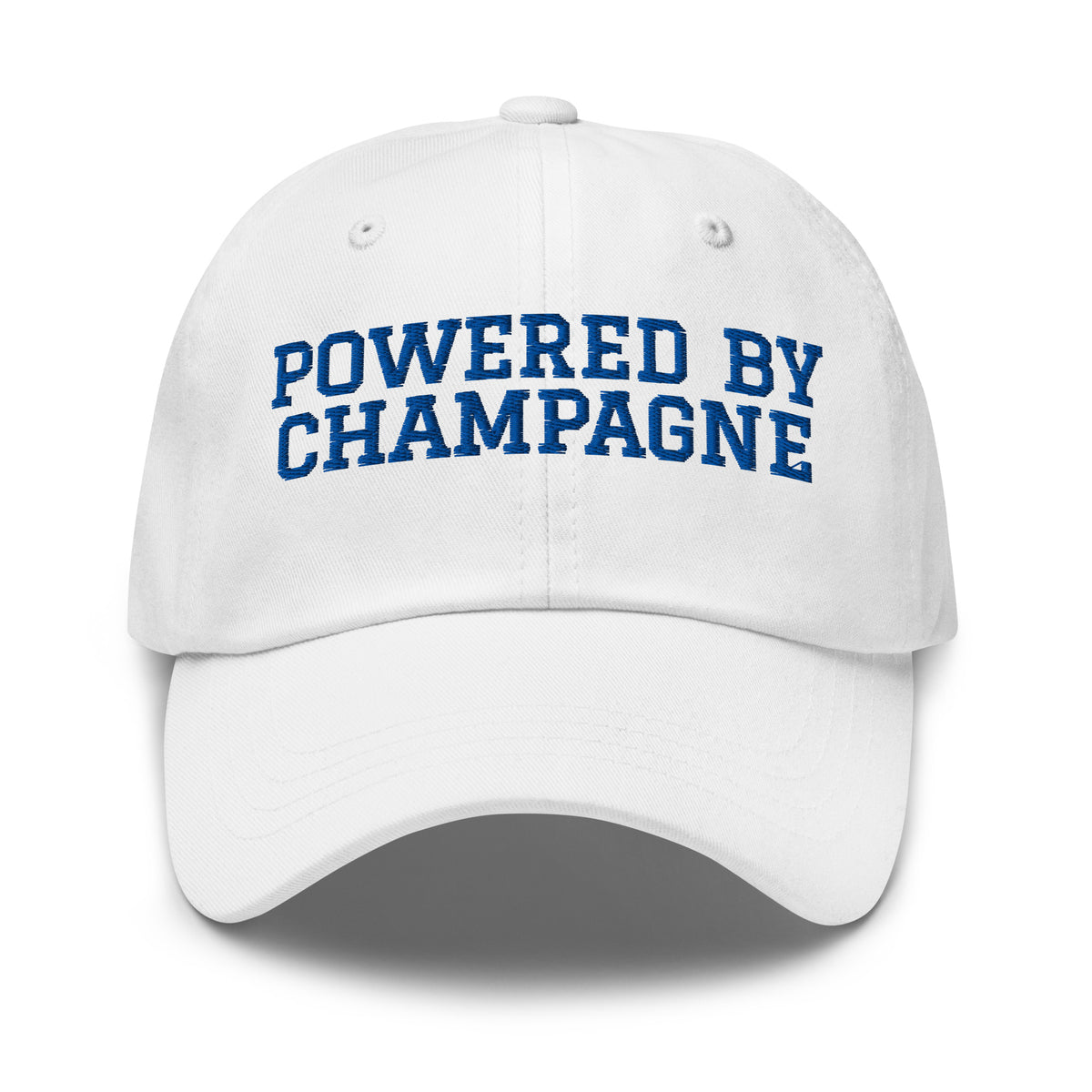 White dad cap featuring "POWERED BY CHAMPAGNE" in blue embroidery - Gourmandee Tees everyday champagne hat, Wear Your Taste.