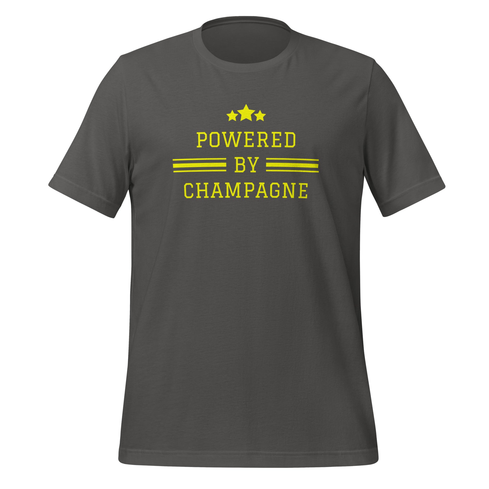 Sparkling Wine T-Shirt – Powered by Champagne & Good Vibes in asphalt grey, soft unisex t-shirt