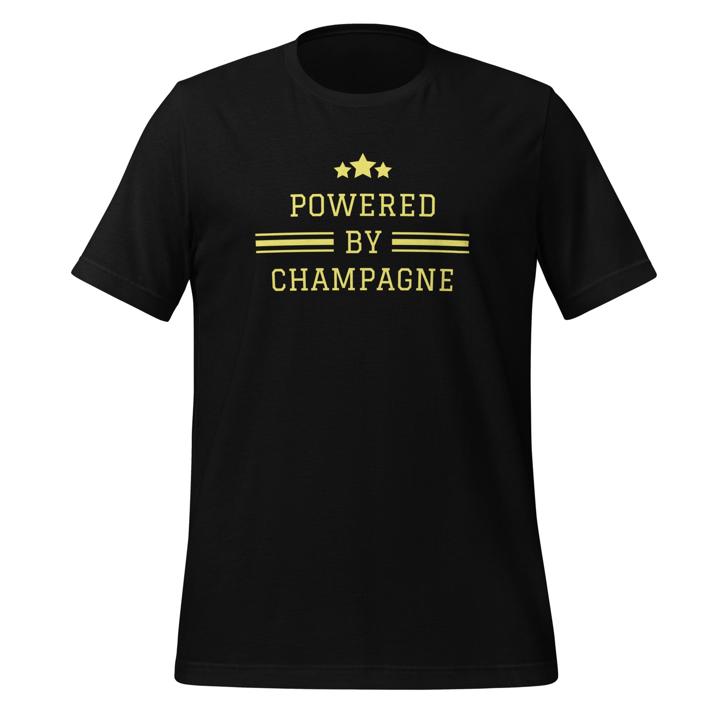 Sparkling Wine T-Shirt – Powered by Champagne & Good Vibes in black, casual short sleeve t-shirt