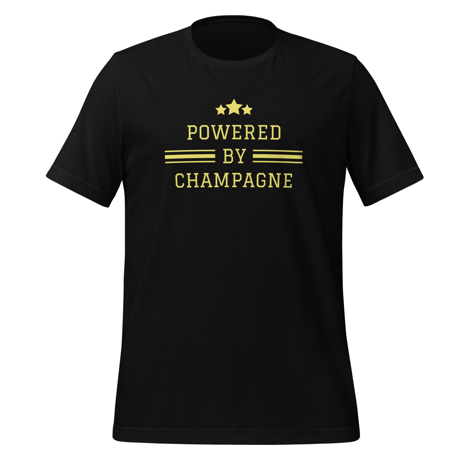 Sparkling Wine T-Shirt – Powered by Champagne & Good Vibes in black, casual short sleeve t-shirt