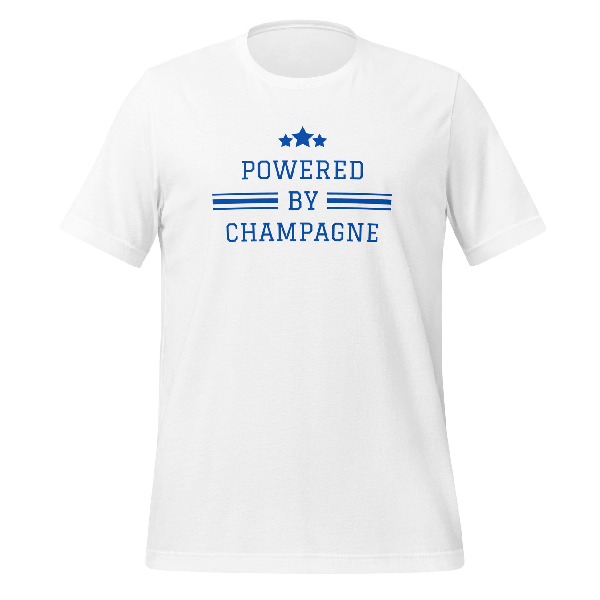 Sparkling Wine T-Shirt – Powered by Champagne & Good Vibes in white, lightweight unisex cotton t-shirt