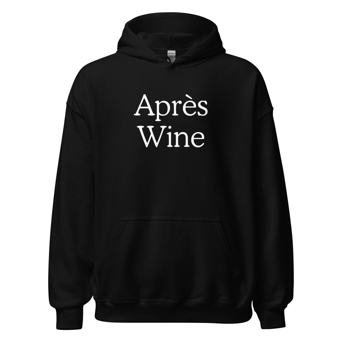 Black hoodie for wine lovers with Après Wine in white serif lettering on the front and includes a front pouch pocket.