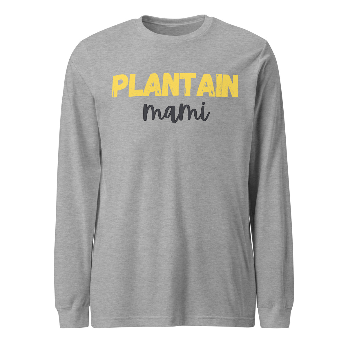 Athletic heather unisex long-sleeve t-shirt with PLANTAIN in distressed yellow block letters and mami in black cursive script below - everyday Caribbean food culture shirt.