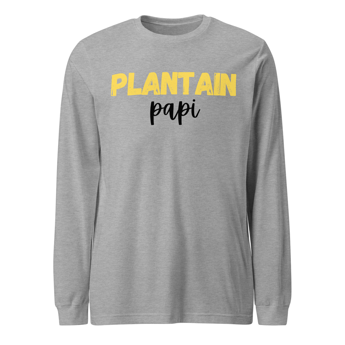 Athletic heather unisex long-sleeve t-shirt with PLANTAIN in distressed yellow block letters and papi in black cursive script below - everyday Caribbean food culture shirt.