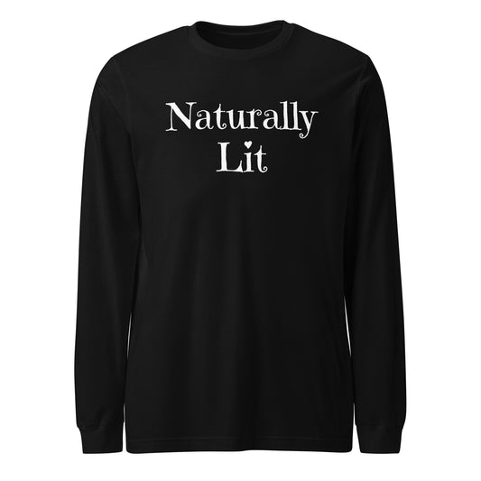 A mock up of a black long-sleeve crewneck t-shirt with the words 'Naturally Lit' printed in white serif font on the chest.