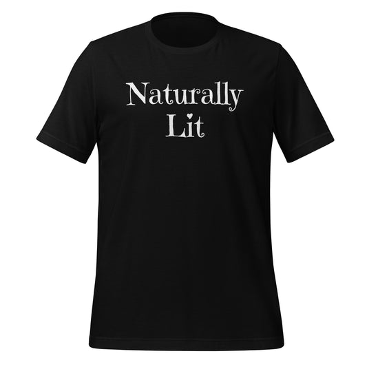 A mock up of a black short sleeve t-shirt with the text 'Naturally Lit' printed in white serif font across the chest.