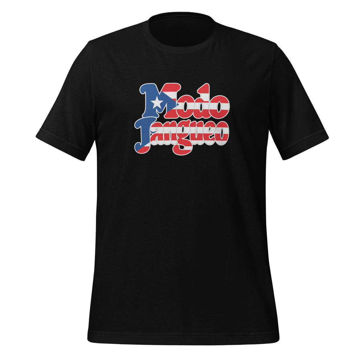 Black unisex staple t-shirt featuring "Modo Jangueo" in Puerto Rico flag colors red, white and blue - Roots by GTees everyday Boricua heritage shirt, culture you wear everyday.