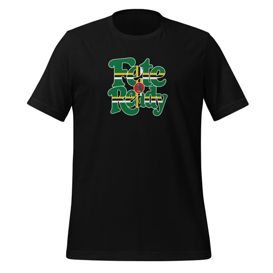 Black unisex staple t-shirt featuring "Fete Ready" in Dominica flag colors green, yellow, black, white and red - Roots by GTees everyday Dominica heritage shirt, culture you wear everyday.