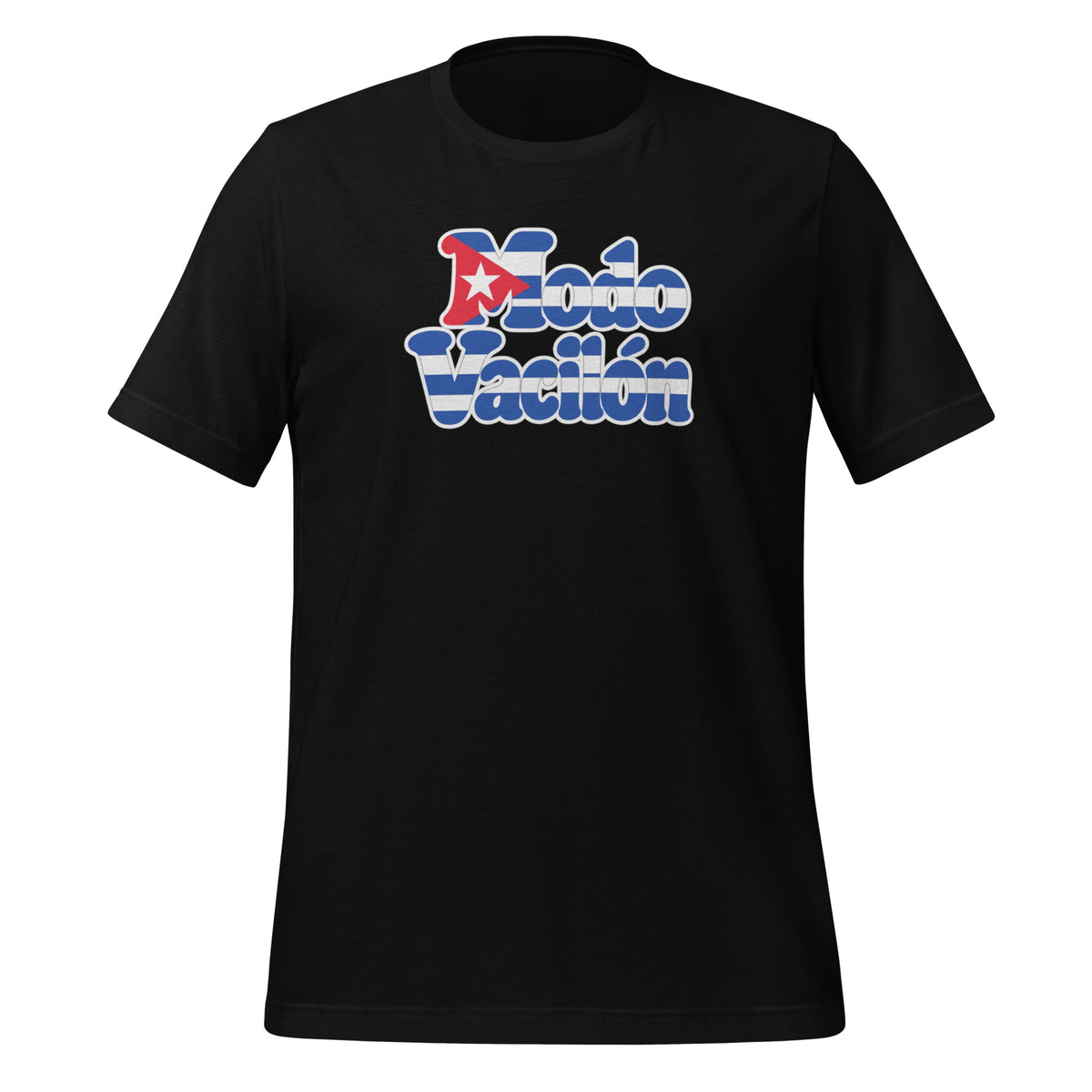 Black unisex staple t-shirt featuring "Modo Vacilón" in Cuba flag colors blue, white and red - Roots by GTees everyday Cuban heritage shirt, culture you wear everyday.