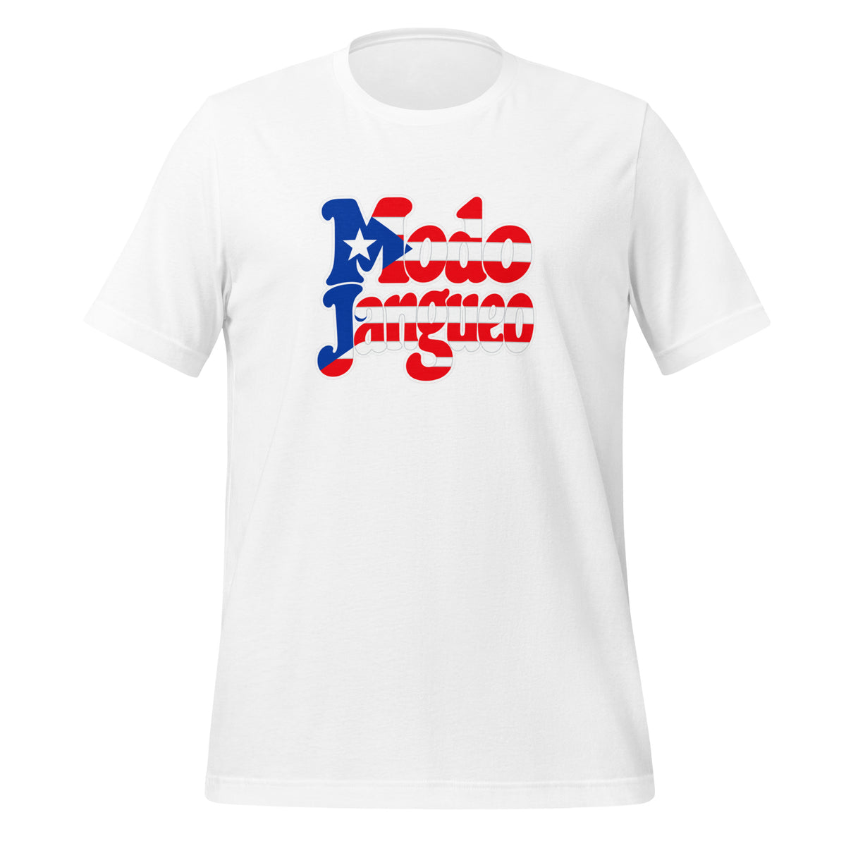 White unisex staple t-shirt featuring "Modo Jangueo" in Puerto Rico flag colors red, white and blue - Roots by GTees everyday Boricua heritage shirt, culture you wear everyday.