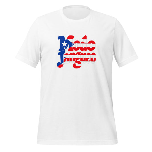White unisex staple t-shirt featuring "Modo Jangueo" in Puerto Rico flag colors red, white and blue - Roots by GTees everyday Boricua heritage shirt, culture you wear everyday.