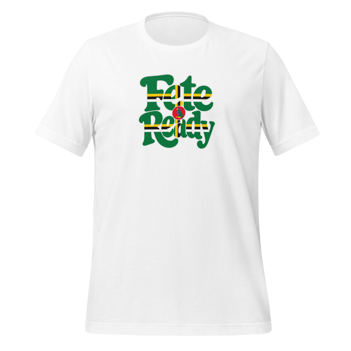 White unisex staple t-shirt featuring "Fete Ready" in Dominica flag colors green, yellow, black, white and red - Roots by GTees everyday Dominica heritage shirt, culture you wear everyday.